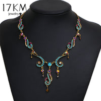 17KM New Vintage Colorful Crystal Tassel Flower Statement Necklace for Women Gold Color Pendant Collar Maxi Ethnic Jewelry