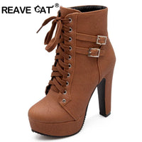 REAVE CAT 2017 Autumn Winter Women Ankle Boots high heels lace up leather double buckle platform short booties new black PA218
