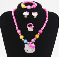 1Set=4pcs Girls Accessories Necklace pink Kitty Cat Bracelet Rings clip earrings necklace Kids Lovely Jewelry Set Round Beads