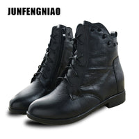 JUNFENGNIAO Snow Boots Women's Shoes Mother Ladies Plush Winter Fur Rubber Genuine Leather Lace Up Flats Round Toe GZXM8812