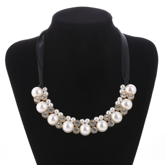 Fashion Women Maxi Necklaces Black Rope Chain String Imitation Pearls Beads Crystal Collar Chokers Chunky Necklaces & Pendants