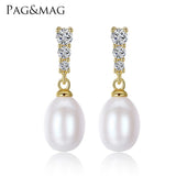 PAG&MAG Brand Classic Small Stud Earrings AAAAA Freshwater 8-9mm Natural Pearl S925 Silver Stud Fashion Earrings Box Free