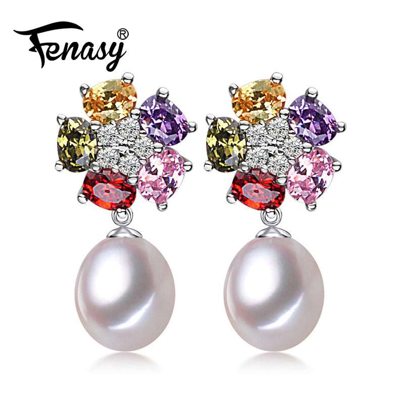 FENASY Pearl ruby earring,925 Sterling Silver earrings,Birthday wedding gift box Jewelry for Women ,flowers fashion earrings