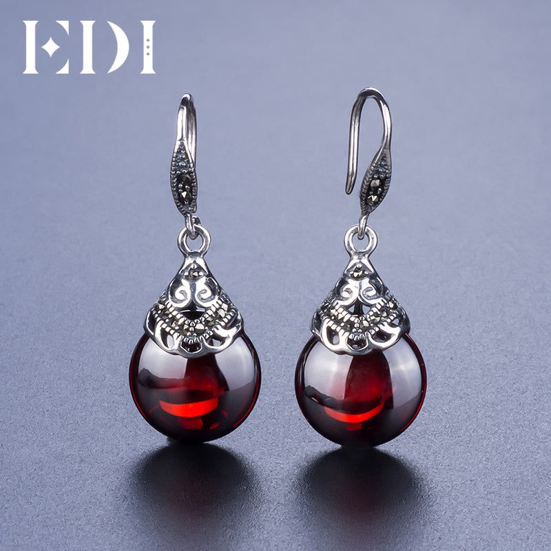 EDI Retro Round Garnet Earrings Female 925 Sterling Silver Jewelry
