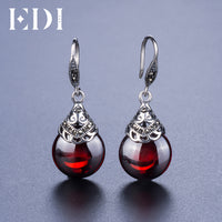 EDI Retro Round Garnet Earrings Female 925 Sterling Silver Jewelry