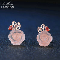 LAMOON 9mm Rose Flower Natural Pink Rose Quartz made with 925 Sterling Silver Jewelry  Stud Earrings LMEI015
