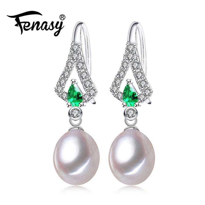 FENASY Emerald pearl earrings jewelry,green gemstone earrings,long earrings for women,Bohemian 925 sterling silver drop earrings