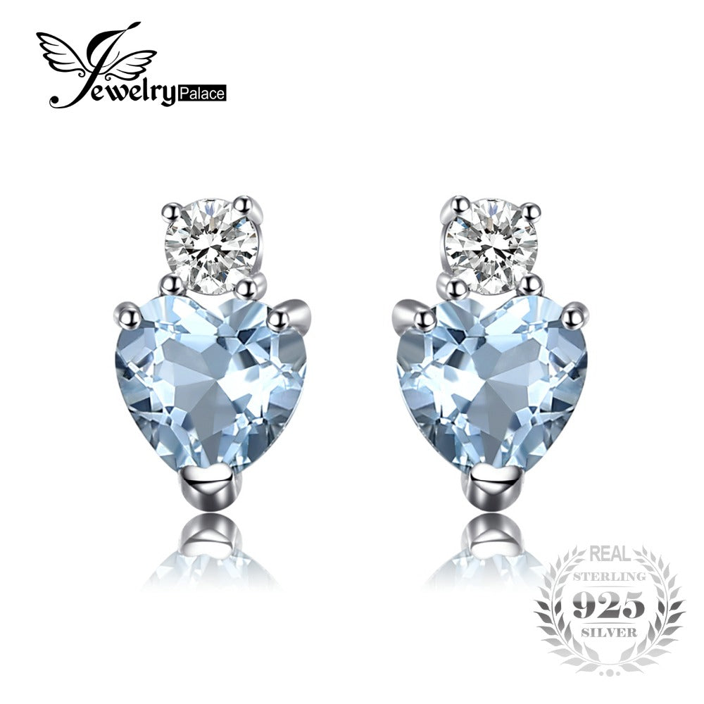 JewelryPalace Heart Love 1ct Natural Aquamarine White Topaz Post Stud Earrings For Women 925 Sterling Silver Brand Jewelry 2017