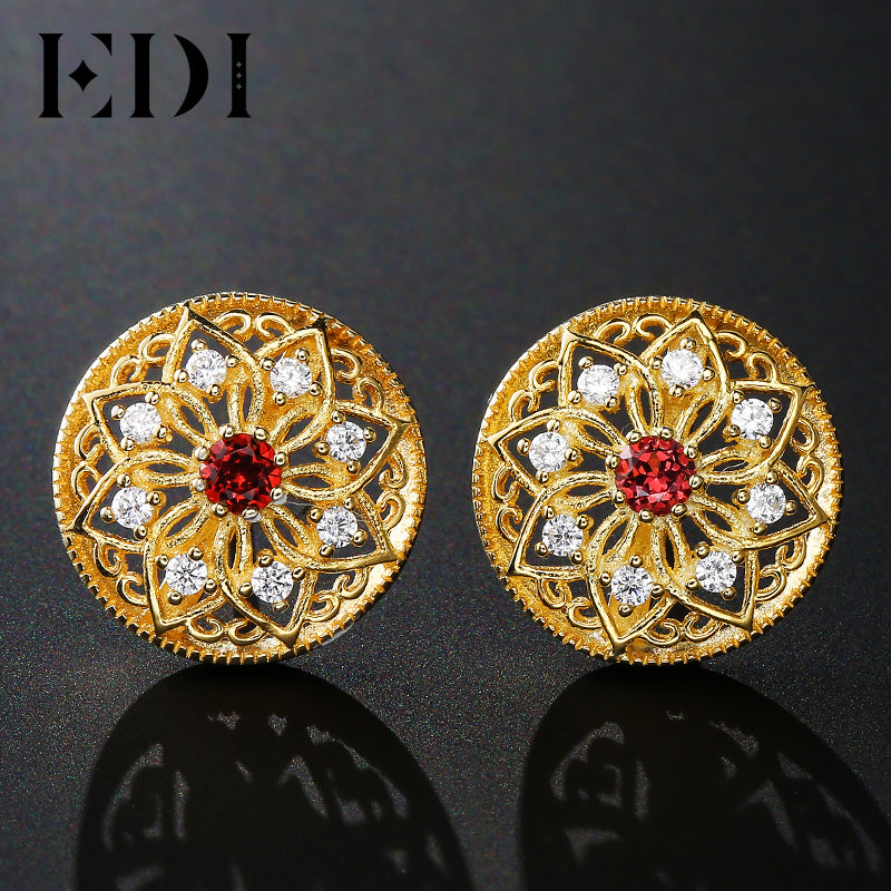 EDI Brand fashion 925 Sterling Silver Natural Garnet Stud Earrings For Women European Pattern Style Yellow Fine Jewelry