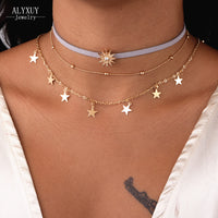 New fashion trendy jewelry sun star tassel choker multi layer necklace gift for women girl N2135