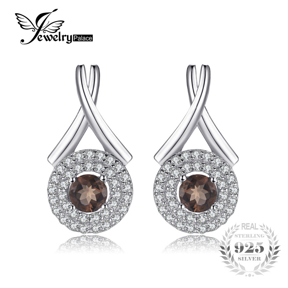 JewelryPalace Fashion "X" marks 0.79ct Round Natural Smoky Quartz Stud Earrings For Women Pure 925 Sterling Silver Fine Jewelry