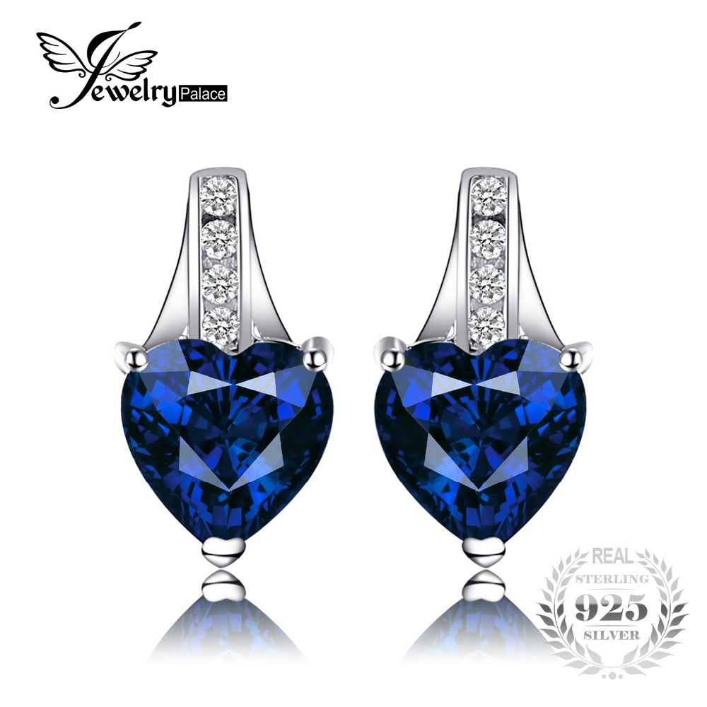JewelryPalace 2.18 ct Created Blue Sapphire Heart Stud Earrings For Woman 925 Sterling Silver Charms Anniversary Fine Jewelry