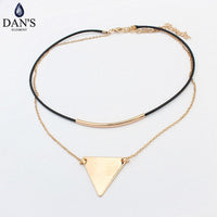 DAN'S Fashion Retro Geometric Triangle Pendant Collar Double chains leather simple choker necklace gift for women girl 122908