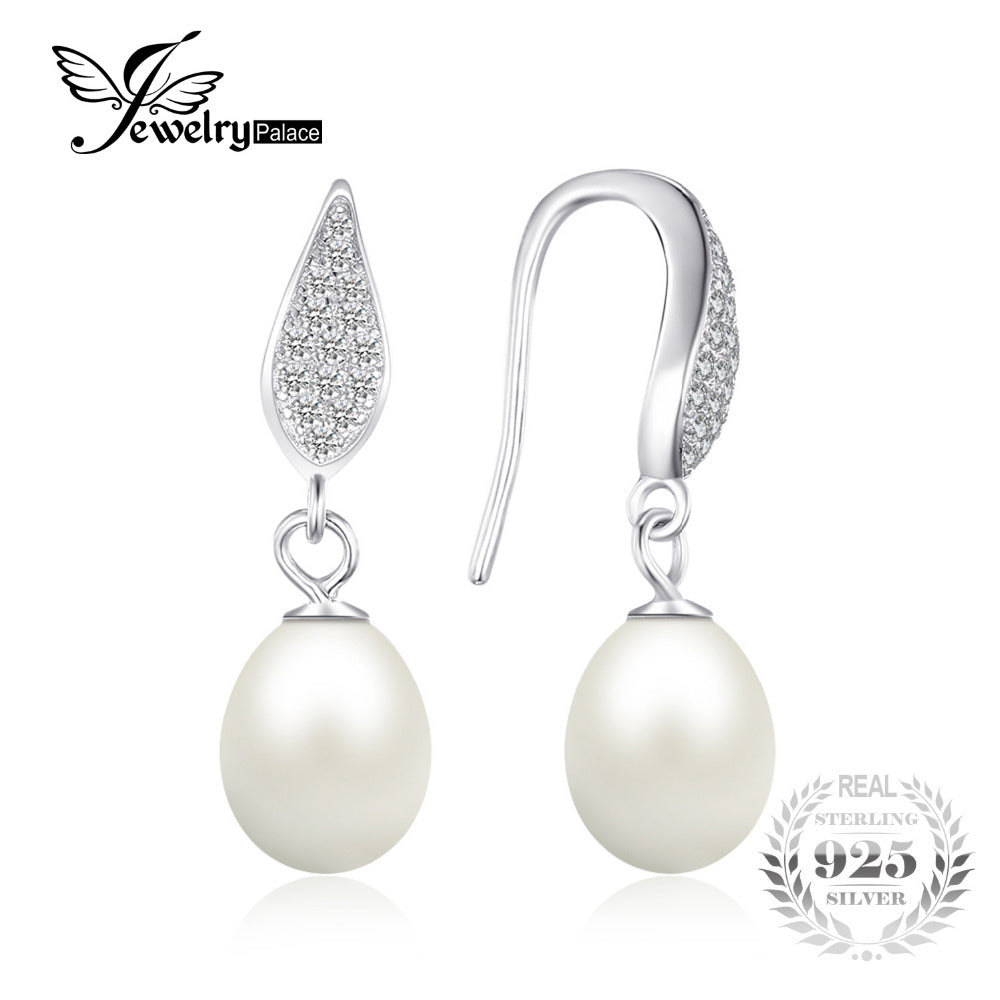 JewelryPalace  925 Sterling Silver Freshwater Cultured 8-9mm White Pearl Dangle Earrings Statement Fine Jewelry for Women