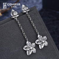 GOMAYA 925 Sterling Silver Flower Drop Earrings Vintage Style Long Earrings for Women Lady Girls Gift Fine Jewelry