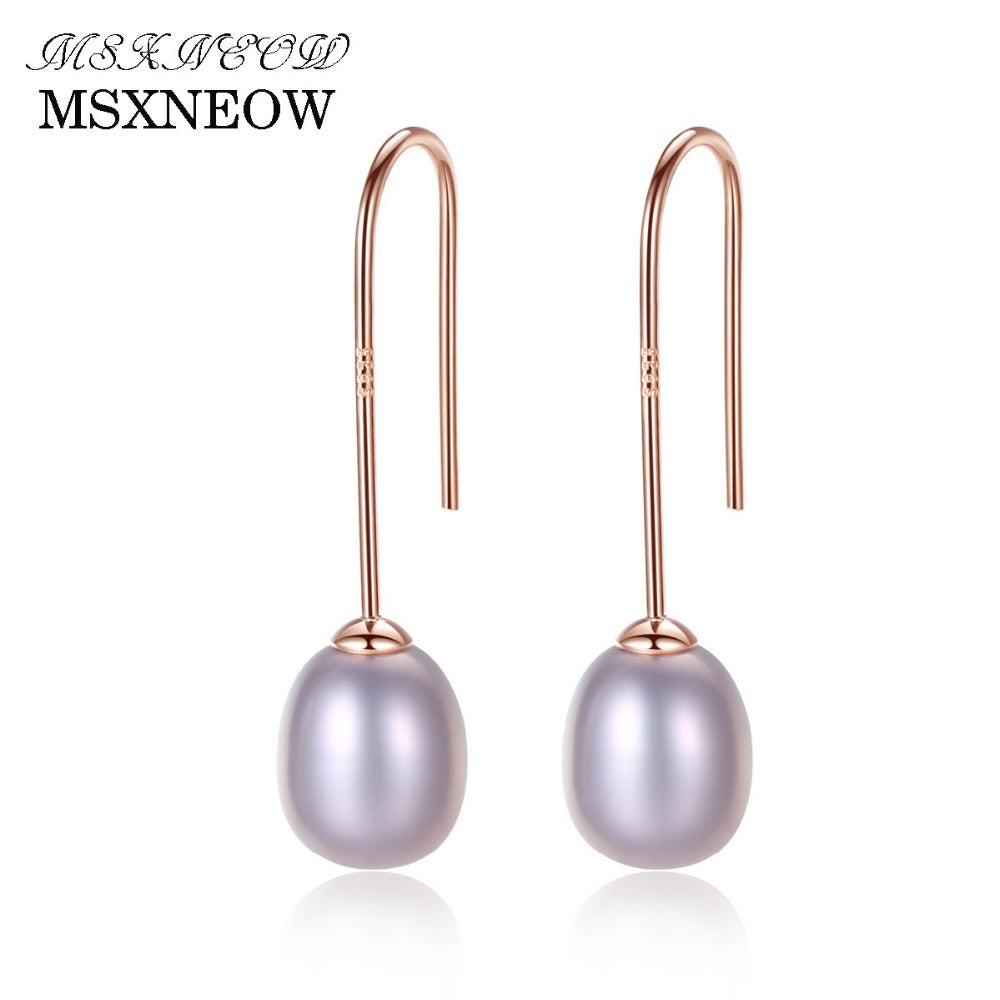 MSXNEOW Simple Ear Hook 925 Sterling Silver Earrings 8-9mm Natural Rice Pearl Drop Earrings for Women Fine Jewelry FE0026