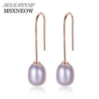 MSXNEOW Simple Ear Hook 925 Sterling Silver Earrings 8-9mm Natural Rice Pearl Drop Earrings for Women Fine Jewelry FE0026