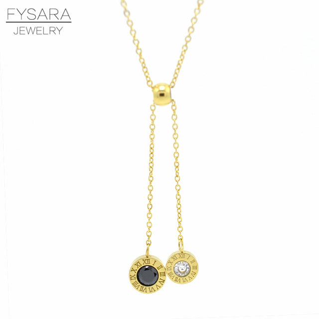 FYSARA Black&White Crystals Two Round Cricle Pendants Necklace Slideable Roman Numeral Short Necklace For Women Jewelry Party