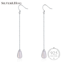 SILVERHOO 925 Sterling Silver Long Chain Water Drop Moonstone Stud Earrings Fine Jewelry for Women Elegant Party