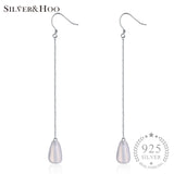 SILVERHOO 925 Sterling Silver Long Chain Water Drop Moonstone Stud Earrings Fine Jewelry for Women Elegant Party