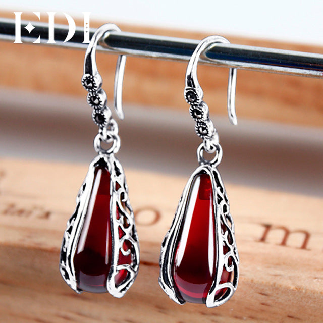 EDI 925 Silver Ruby Earrings Luxury Red Natural Garnet Earrings Gemstones Vintage Wedding Drop Earrings silver 925 Jewelry