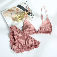 CINOON Bralette Wire Free Satin Bra Set thin Triangle cups Solid Color Bra and Panty Set Lingerie Underwear Women Brassiere