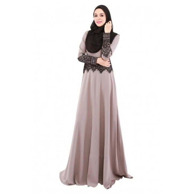 Muslim Women Long Sleeve Dubai Dress Maxi Abaya Islamic Evening Party Dresses Robe Kaftan India Pakistan Lace Patchwork Clothing