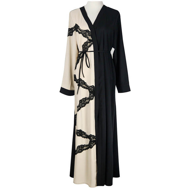New Fashion Turkish Style Women Contrast Color Cardigan Robe Dubai Pakistan Abaya Muslim Malaysia Kaftan Dress Clothes